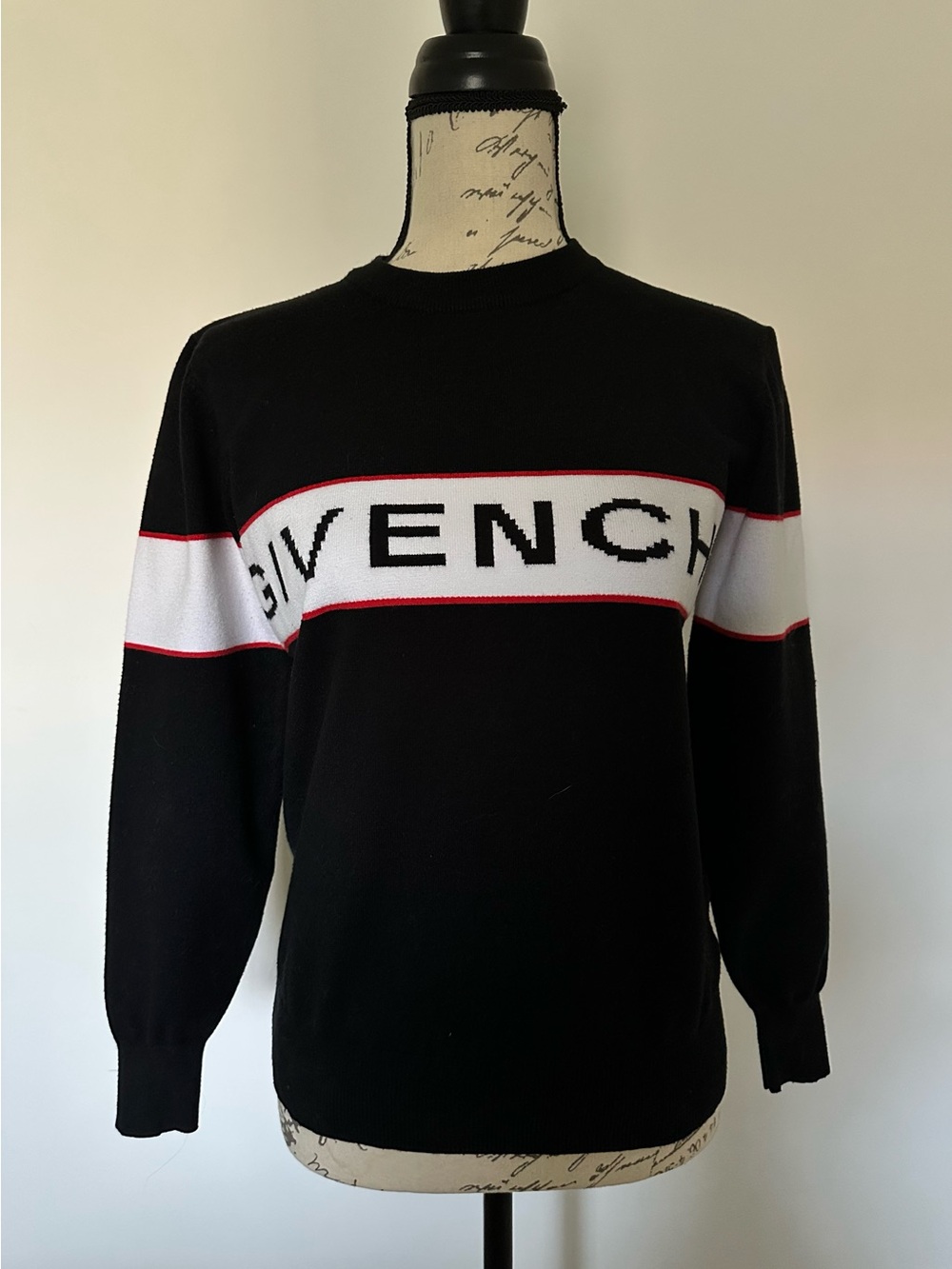 Givenchy Paris Logo Stripe Sweater Black White Red 100% Cotton Size M